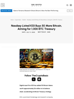 Nasdaq-Listed K33 Buys 50 More Bitcoin, Aiming for 1,000 BTC Treasury