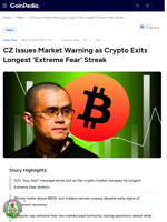 CZ Issues Market Warning as Crypto Exits Longest ‘Extreme Fear’ Streak