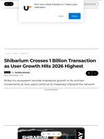Shibarium Crosses 1 Billion Transaction as User Growth Hits 2026 Highest - U.Today