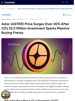 Aster (ASTER) Price Surges Over 30% After CZ’s $2.5 Million Investment Sparks Massive Buying Frenzy