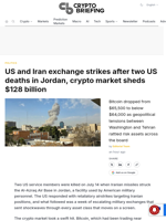 US and Iran exchange strikes after two US deaths in Jordan, crypto market sheds $128 billion