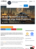 HK Asia to Increase Bitcoin Holdings After Board Approval | Live Bitcoin News