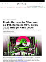Ronin Returns to Ethereum as TVL Remains 95% Below 2022 Bridge Hack Level - 