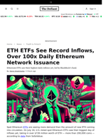 ETH ETFs See Record Inflows, Over 100x Daily Ethereum Network Issuance - 