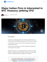 Major Indian Firm Interested in BTC Treasury: Jetking CFO