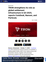 TRON strengthens its role as global settlement infrastructure in Q3 2025, reports CoinDesk, Nansen, and Particula