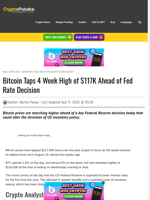 Bitcoin Taps 4 Week High of $117K Ahead of Fed Rate Decision