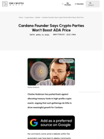 Cardano Founder Says Crypto Parties Won’t Boost ADA Price