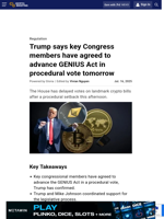Trump says key Congress members have agreed to advance GENIUS Act in procedural vote tomorrow
