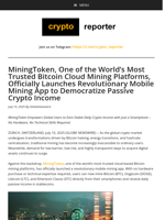 MiningToken, One of the World’s Most Trusted Bitcoin Cloud Mining Platforms, Officially Launches Revolutionary Mobile Mining App to Democratize Passive Crypto Income
