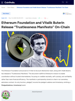 Ethereum Foundation and Vitalik Buterin Release “Trustlessness Manifesto” On-Chain
