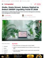 Ondo, State Street, Galaxy Digital to Debut SWEEP Liquidity Fund in 2026 - Coinspeaker