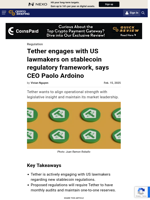 Tether engages with US lawmakers on stablecoin regulatory framework, says CEO Paolo Ardoino