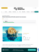 Bitcoin falls below $75,500 amid US-Iran tensions