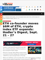ETH co-founder moves $6M of ETH, crypto index ETF expands: Hodler’s Digest, Sept. 21 – 27 - The Crypto News Wire