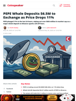 PEPE Whale Deposits $6.5M to Exchange as Price Drops 11% - Coinspeaker