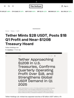 Tether Mints $2B USDT, Posts $1B Q1 Profit and Near-$120B Treasury Hoard - 
