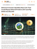 Ethereum Investor Identifies New Coin That Could Repeat What ETH Did in 2017 and Flip $400 into $12,000 - AMBCrypto