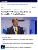 Trump’s CFTC Nominee Brian Quintenz Reveals $3.4M Crypto Holdings