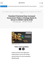 Standard Chartered Says Increased Government Stake in Strategy Backs Its Bitcoin to $500K Call By 2028