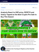 Analysts React to XRP price, PEPETO and Solaxy Tipped as the Best Crypto Pre Sale to Buy This Season