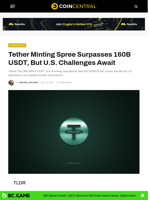 Tether Minting Spree Surpasses 160B USDT, But U.S. Challenges Await - CoinCentral