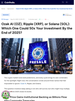 Ozak AI (OZ), Ripple (XRP), or Solana (SOL): Which One Could 50x Your Investment By the End of 2025?