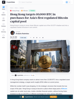 Hong Kong targets 10,000 BTC in purchases for Asia’s first regulated Bitcoin capital pool