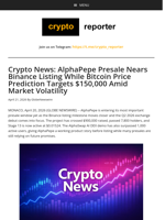 Crypto News: AlphaPepe Presale Nears Binance Listing While Bitcoin Price Prediction Targets $150,000 Amid Market Volatility