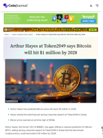 Bitcoin to reach $1M by 2028, says Arthur Hayes at Token2049