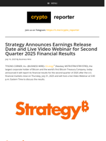 Strategy Announces Earnings Release Date and Live Video Webinar for Second Quarter 2025 Financial Results