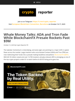 Whale Money Talks: ADA and Tron Fade While BlockchainFX Presale Rockets Past $9M