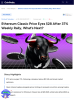 Ethereum Classic Price Eyes $28 After 37% Weekly Rally, What’s Next?