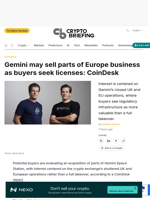 Gemini may sell parts of Europe business as buyers seek licenses: CoinDesk