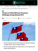 Taiwan to Pilot Bitcoin Treasury Holdings Using Seized BTC