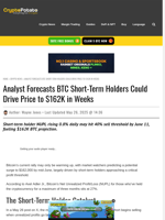Analyst Forecasts BTC Short-Term Holders Could Drive Price to $162K in Weeks