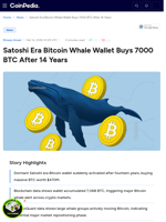 Satoshi Era Bitcoin Whale Wallet Buys 7000 BTC After 14 Years