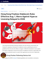Hong Kong Finalizes Stablecoin Rules Effective Aug. 1, Warns Against Hype as Licensing Delayed to 2026
