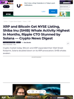 XRP and Bitcoin Get NYSE Listing, Shiba Inu (SHIB) Whale Activity Highest in Months, Ripple CTO Stunned by Solana — Crypto News Digest - U.Today