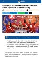 Avalanche Enters Wall Street as VanEck Launches AVAX ETF