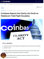 Coinbase Rejects the Clarity Act Draft as Stablecoin Yield Fight Escalates