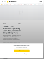 Gemini's Tyler Winklevoss Says Trump CFTC Pick Quintenz Has 'Disqualifying' Views