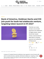 Bank of America, Goldman and Citi join push for bank-led stablecoin venture