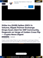 Shiba Inu (SHIB) Spikes 200% in Volume, Ripple Partner Exchange Drops Scam Alert for XRP Community, Dogecoin on Verge of Golden Cross Flip — Crypto News Digest - U.Today