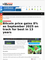 Bitcoin price gains 8% as September 2025 on track for best in 13 years - The Crypto News Wire