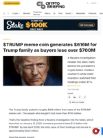 $TRUMP meme coin generates $616M for Trump family as buyers lose over $700M