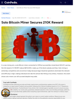 Solo Bitcoin Miner Secures 210K Reward