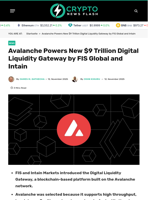 Avalanche Powers New $9 Trillion Digital Liquidity Gateway by FIS Global and Intain - Crypto News Flash