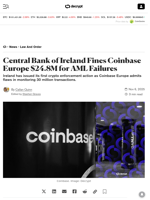 Central Bank of Ireland Fines Coinbase Europe $24.8M for AML Failures - Decrypt