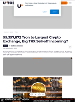 99,397,872 Tron to Largest Crypto Exchange, Big TRX Sell-off Incoming?